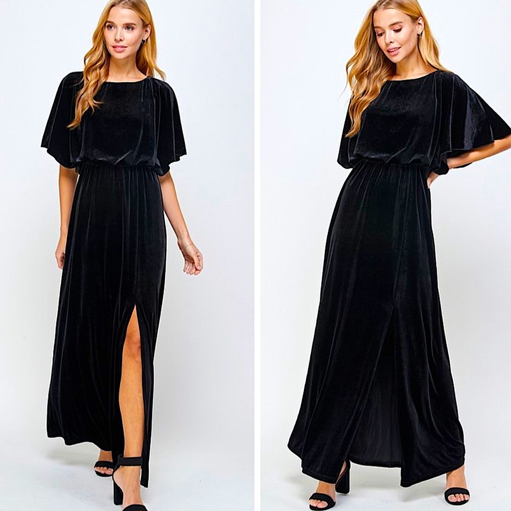 Black Velvet Caped Flutter Sleeve Formal Maxi Dress